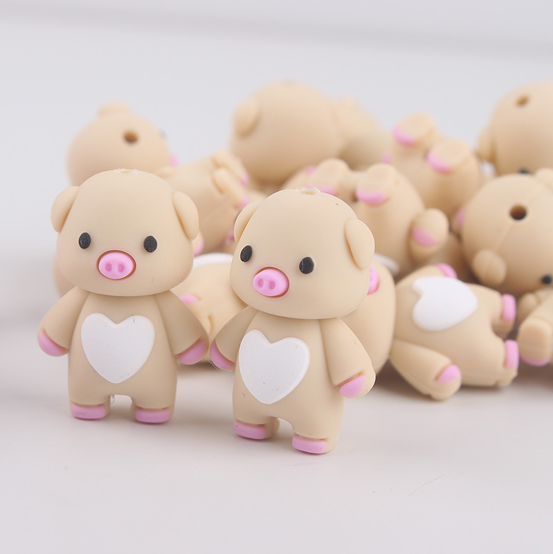 Spot venta caliente 3d cuentas de silicona tridimensional animales lindos con cuentas de mordedor de dibujos animados cerdo cuentas de silicona al por mayor