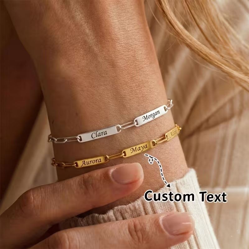 Amazon's best-selling custom rectangular paperclip name bracelet, personalized stainless steel engraving bracelet for family members Amazon's best-selling custom rectangular paperclip name bracelet, personalized stainless steel engraving bracelet for family members