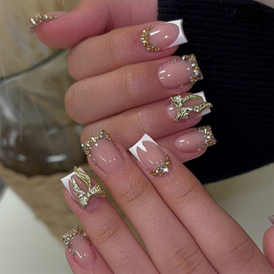 European and American Cross-Border Short Style Sparkling Rhinestone White French Edge Wearable Nails Gold Butterfly Champagne Color Fake Nails 24 Pieces