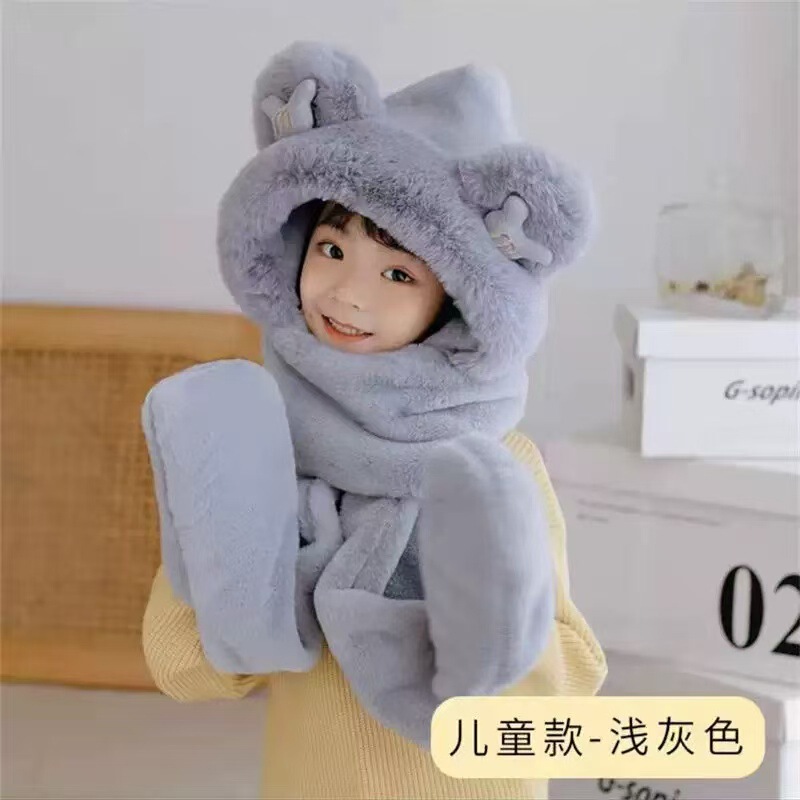 毛绒帽子围巾一体女冬围脖小熊可爱秋冬季洋气百搭时尚保暖护耳帽|undefined
