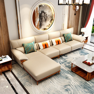 Modern Leather Sofa Top Layer Cowhide New Chinese Style Ujin Wood Sofa Large and Small Apartment Living Room Solid Wood Villa Corner