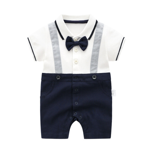 Baby boy one-month celebration new gentleman bow tie shirt with interwoven cotton short-sleeve pseudo suspenders 1-year crawling outfit