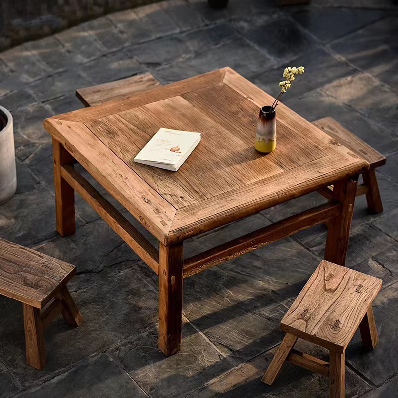 Old Elm Eight Immortals Table Home Simple Combination Dining Table and Chair Set Solid Wood Old Door Panel Dining Table Hotel Dining Table