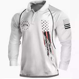 24春季跨境欧码男式 1776 年独立日美国国旗图案印花长袖 Polo 衫