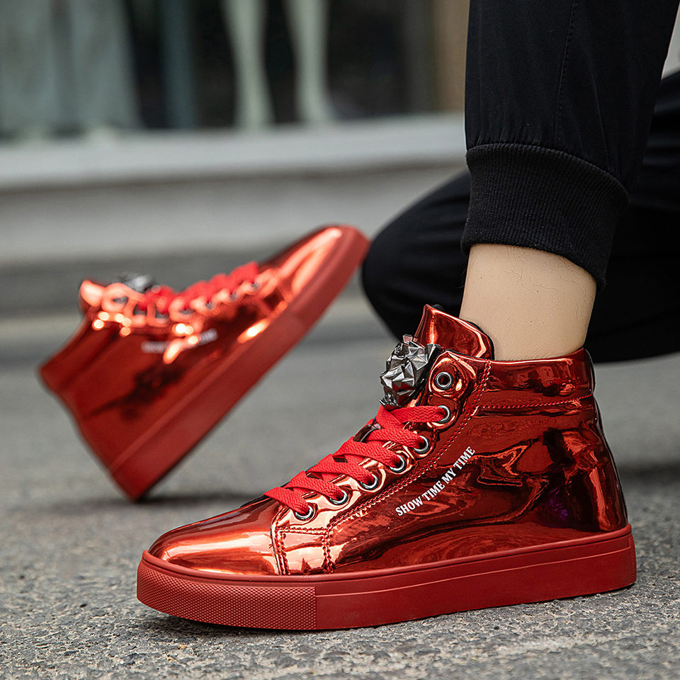 Giày sneaker nam cổ cao da bóng phong cách Hàn Quốc, giày thể thao thời trang cá tính — Bạc, màu xanh, màu đen, màu đỏ chi tiết 21