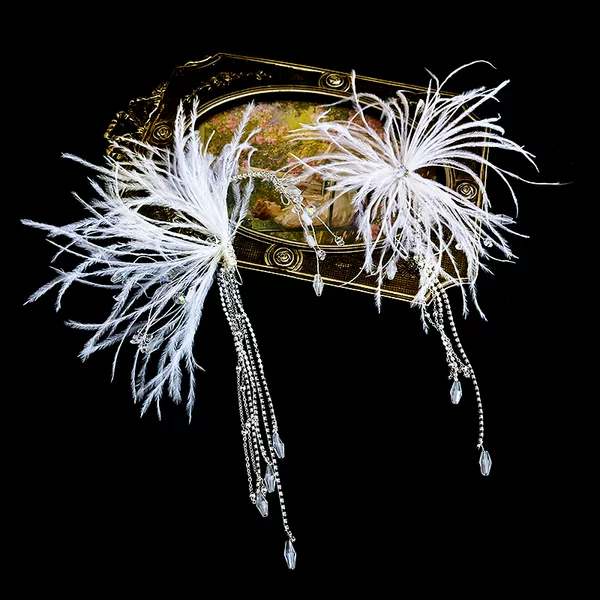Korean-style fairy-like feather earrings with tassels, versatile princess hair accessory for wedding dresses and bridal headwear
