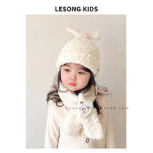 宝宝冬季帽子围巾两件套可爱小兔子婴儿套头帽儿童毛绒帽保暖女童