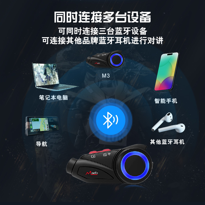 Maxto Bilateral Stereo 2K Video, Multi-Person Intercom Helmet with Recorder Bluetooth Headset
