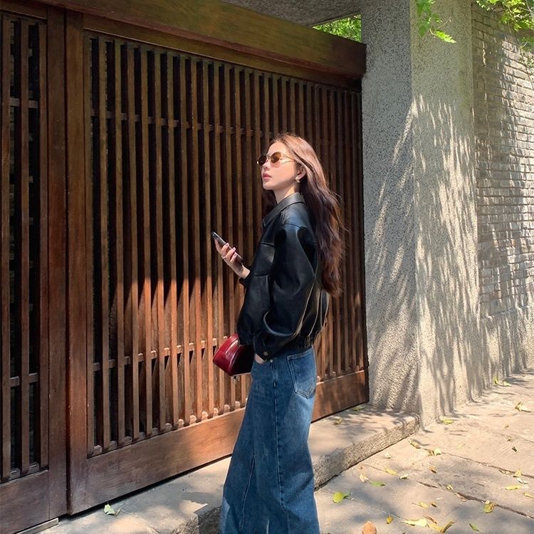 Black Pu Leather Retro Motorcycle American Autumn Style Jacket Women's Leather Jacket Loose Short Style Dark Burgundy Spandex