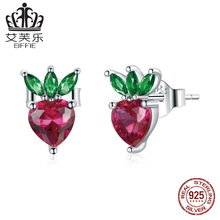 艾芙樂原創時尚純銀可愛小草莓耳釘s925耳環流行紅色心形鋯石耳飾