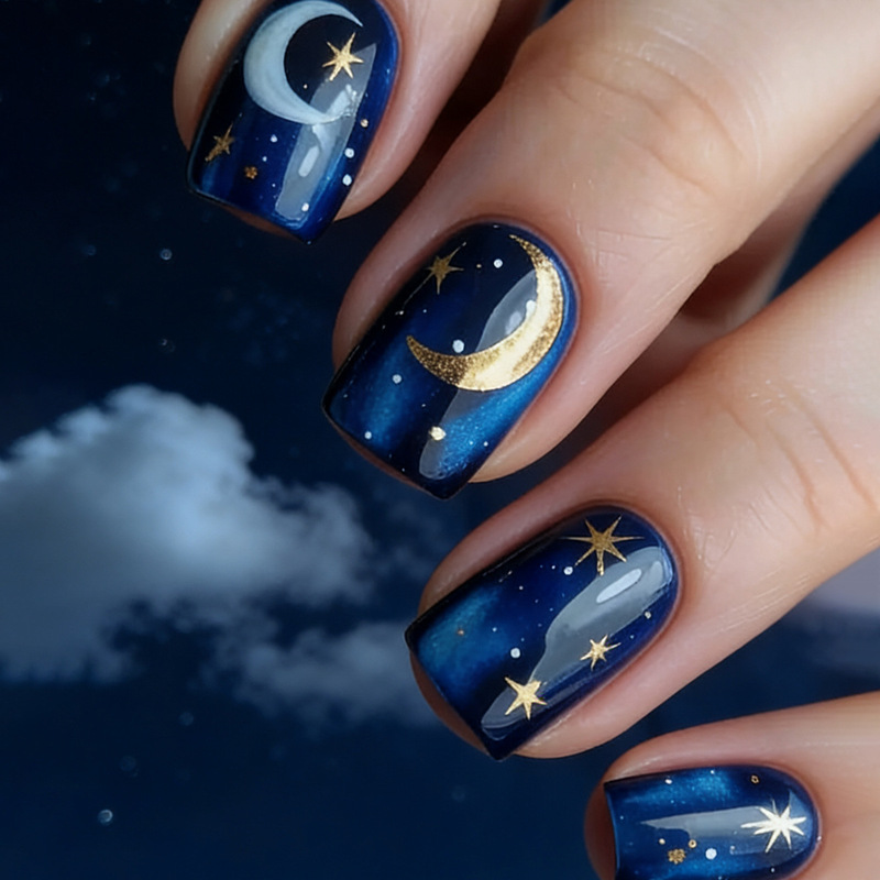 Wearable Short Square Blue Glitter Cat Eye Star Moon Pattern European and American Fashion Nail Stickers Fake Nails