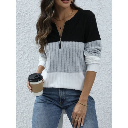 Women's Fashion Spring European and American Long Sleeve Zipper Contrast Color Top
