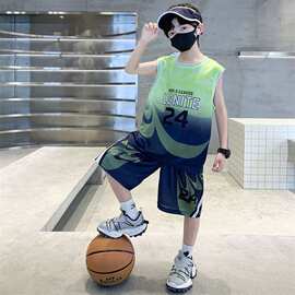 男童夏装假两件速干篮球服套装2026新款中大童男孩薄款运动两件套