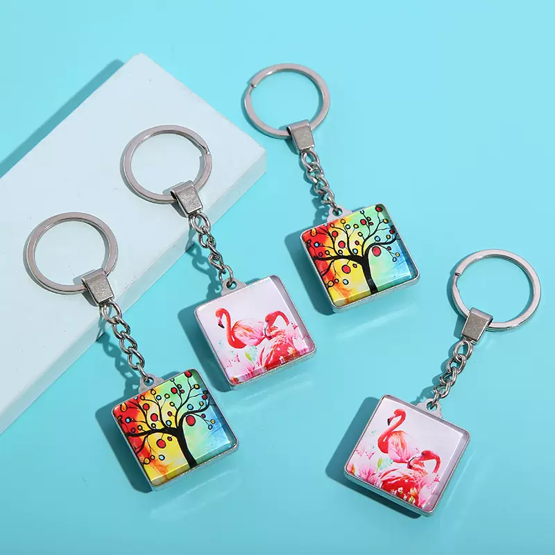 正方形水晶钥匙扣玻璃贴片钥匙扣个性创意钥匙扣厂家供应热卖