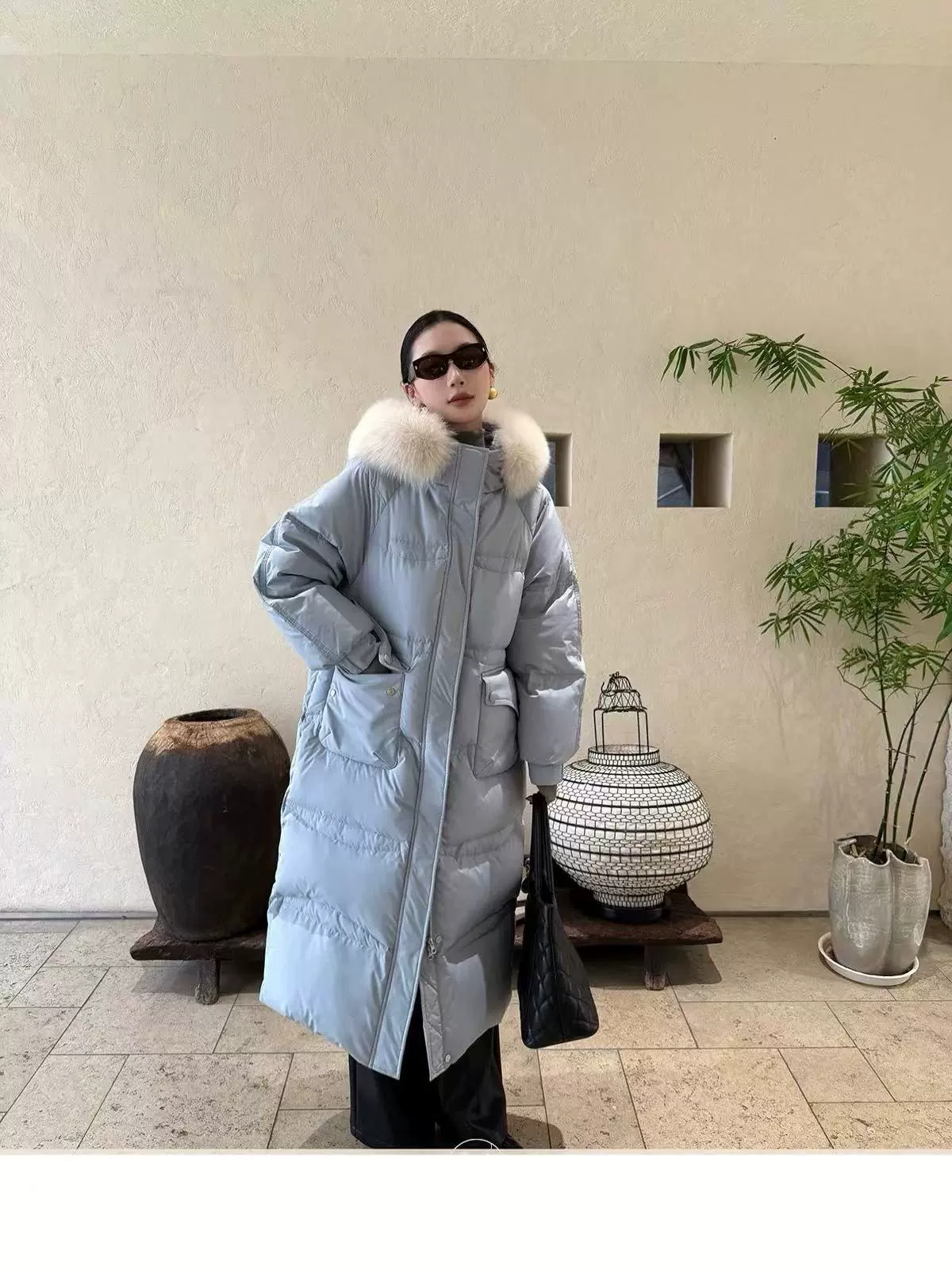 Long Down Jacket, Velvet Shell, Duck Down Fill, Maxi Length, Thickened Winter Coat