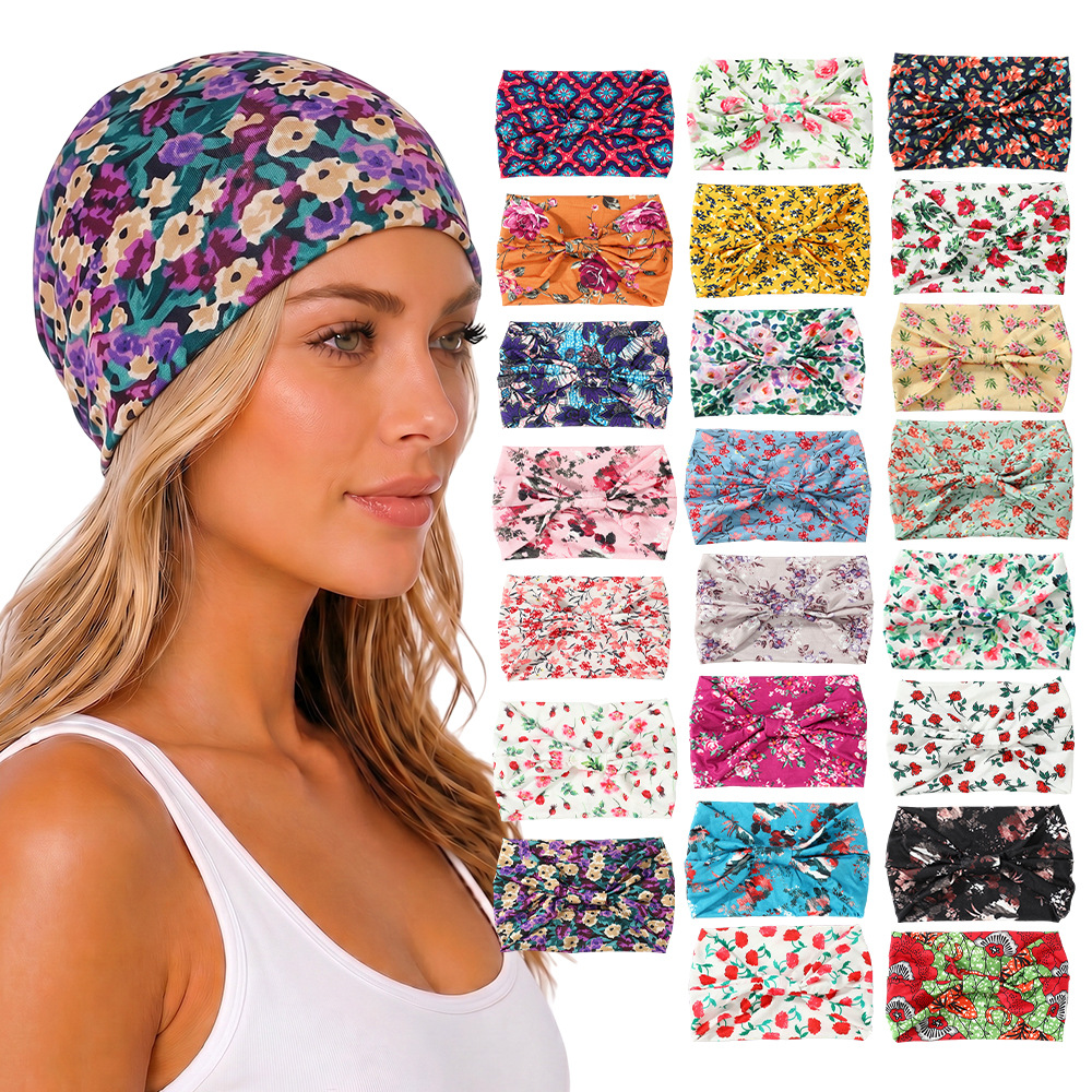 Bohemian Floral Knotted Headband European and American Sports Sweat-Absorbing and Anti-Sweat Headscarf Yoga Running Hair Band Headband Wholesale