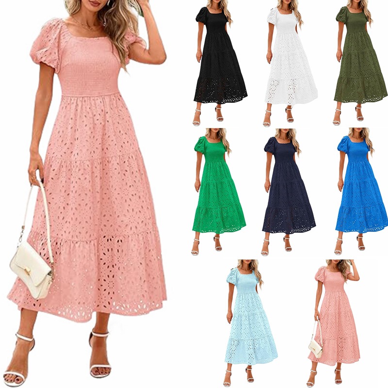 2025 European and American Foreign Trade Cross-border Women's Clothing Amazon Explosions Square Collar Bubble Sleeve Pleated Mesh Short Sleeve dress