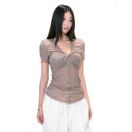 原版面料原版做法 夏季纯欲正肩短袖t恤女新款扭结v领设计感上衣