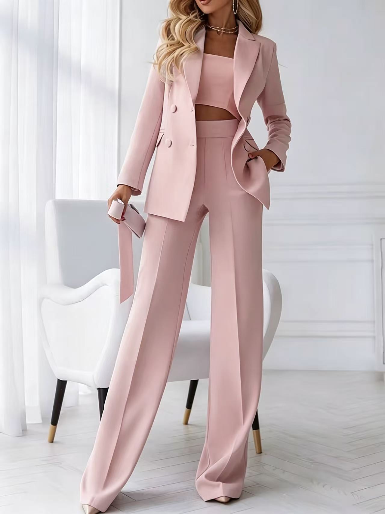 Women's Clothing Professional Elegant Two Piece Set Style High End Women's Suit Set Double Breasted Lapel High Waisted Wide Leg Trousers_ecoleips.com