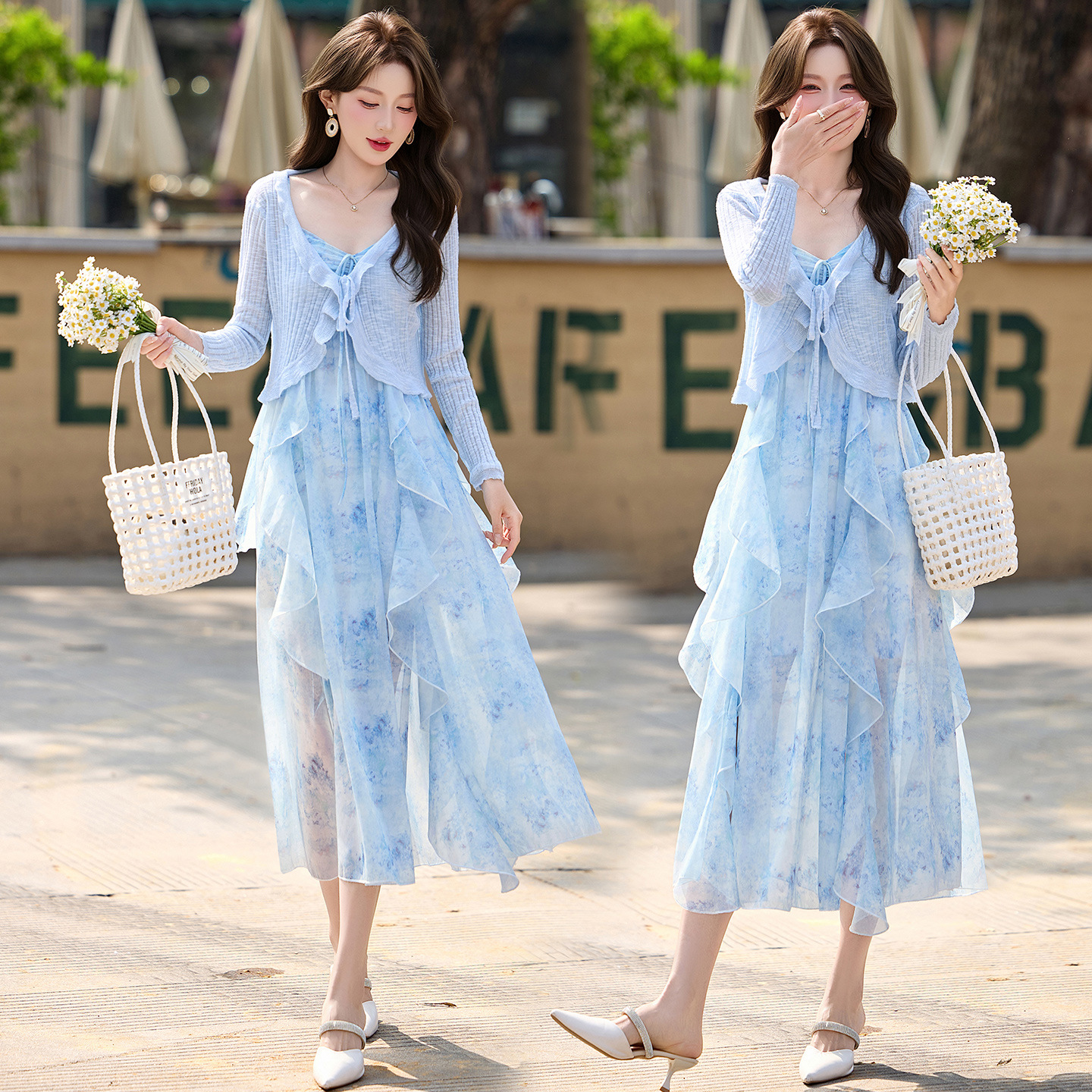 Đầm maxi nữ hai dây hoa nhí kèm áo khoác cardigan tay bèo — màu xanh nhạt, màu tím nhạt