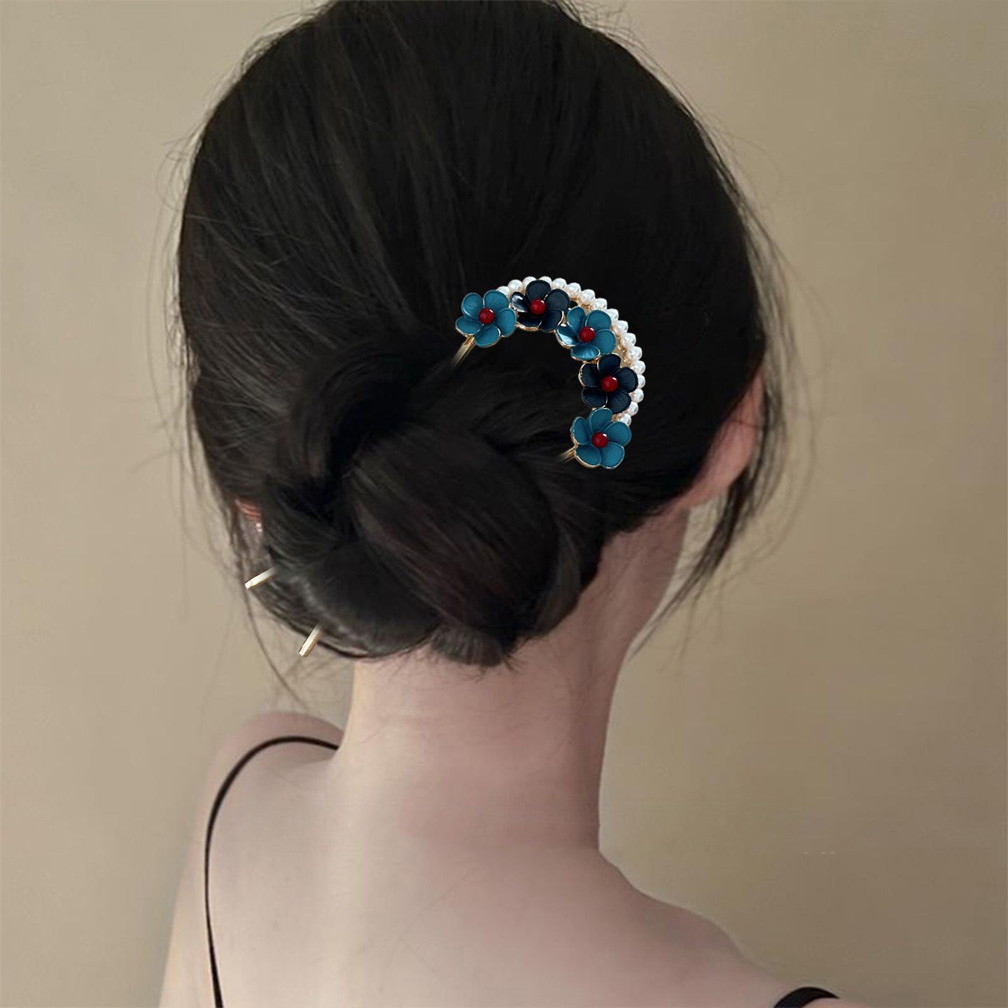 Guofeng imita flor azul quemada perla en forma de U bandeja de alpinadores de cabello nuevos productos de ropa china cheongsam accesorios de mujer explosión