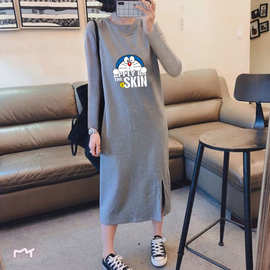 女装一件代发韩版卡通印花长袖T恤女2021秋季新款圆领连衣裙显瘦