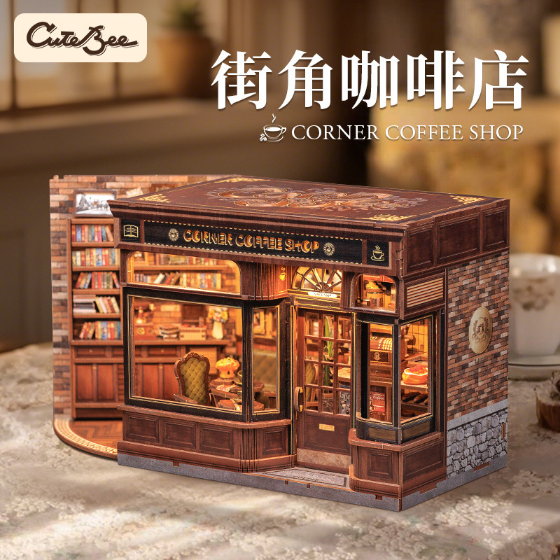 CuteBee corner coffee shop miniature scene model DIY assembled handmade 3D three-dimensional cabin toy gift