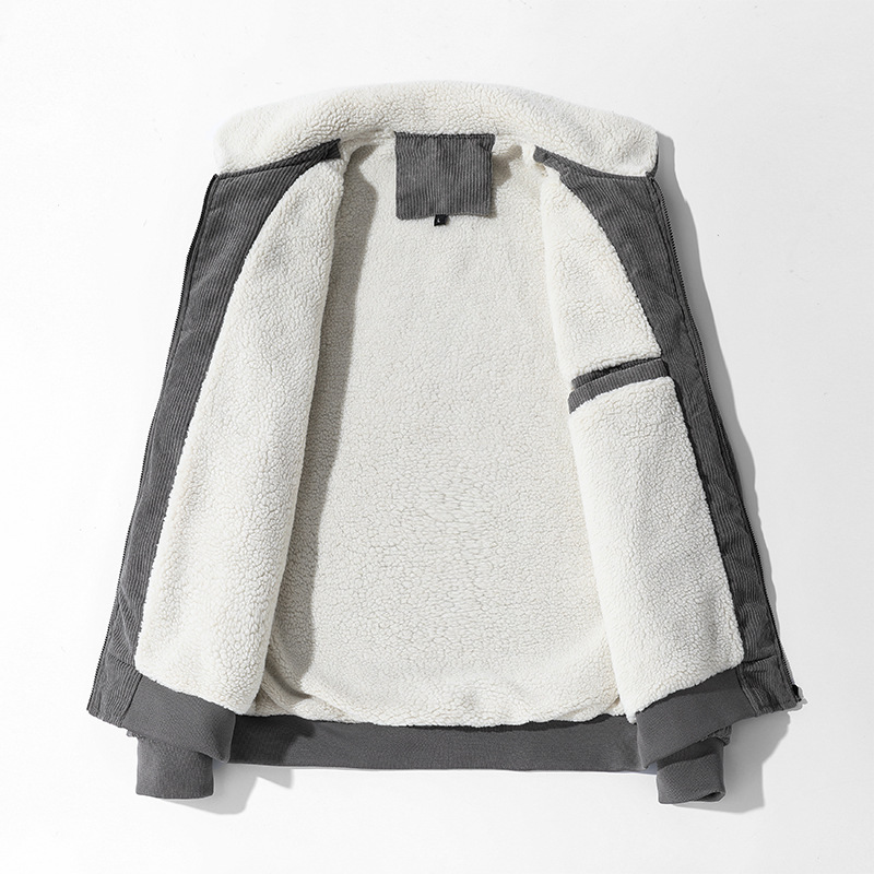 Chaqueta de pana para hombre con múltiples bolsillos, estilo vintage de ropa de trabajo, forro polar de invierno, lana de cordero engrosada, corte holgado, cuello vuelto, abrigo de algodón, transfronterizo.
