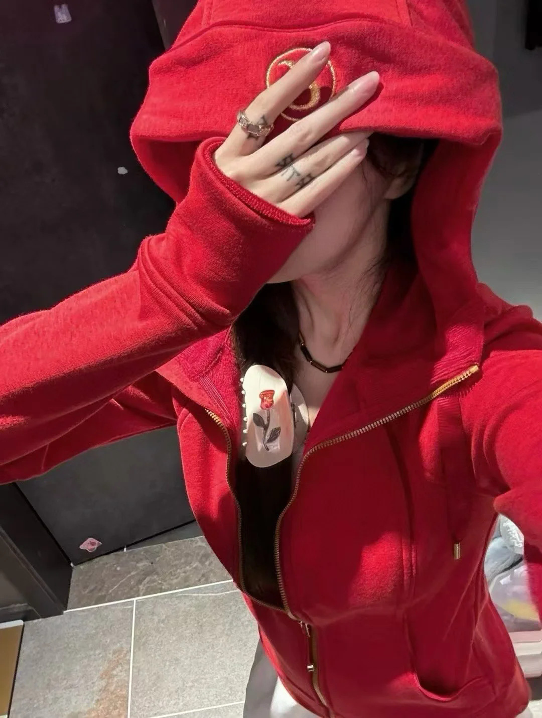 Red slim-fit hoodie with gold logo / 2 codes