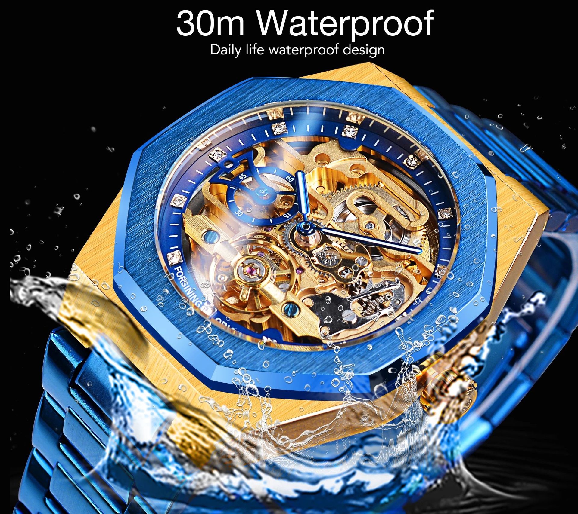 Forsing men's high-end fully automatic mechanical watch, blue steel band watch, tourbillon waterproof watch_voghion.com