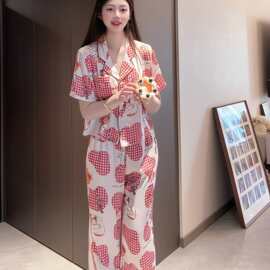 夏季休闲减龄可爱短装睡衣女透气柔软短袖长裤家居服套装可外穿
