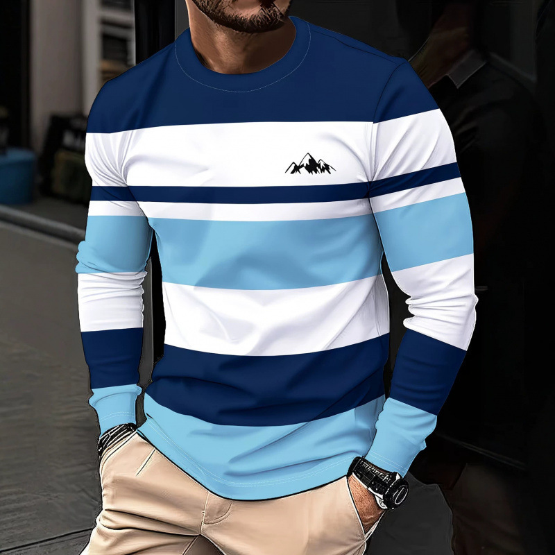 European and American men's round-neck striped long-sleeve T-shirt, fashionable street style, 3D digital print, European size, breathable men's T-shirt European and American men's round-neck striped long-sleeve T-shirt, fashionable street style, 3D digital print, European size, breathable men's T-shirt