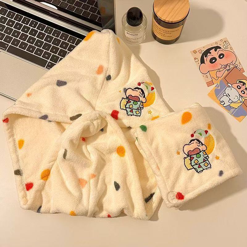 Cute Crayon Shin-Chan Dry Hair Cap for Women, Water-Absorbent, Quick-Drying Hair Shower Cap, Adult Shampoo and Wipe Coral Velvet Towel