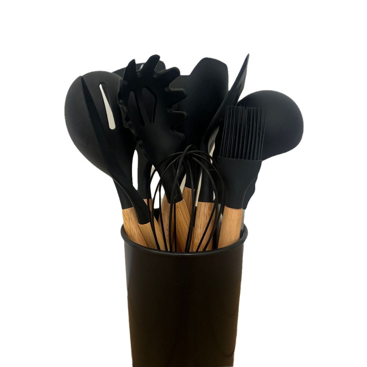 Juego de utensilios de cocina de silicona con mango de madera con cubo de almacenamiento olla antiadherente de cocina cuchara de cocina pala clip de comida resistente a altas temperaturas 12 piezas