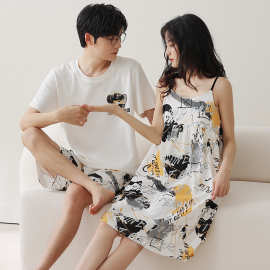 情侣睡衣纯棉夏季新款男款卡通套装夏天家居服女士睡裙薄款吊带裙