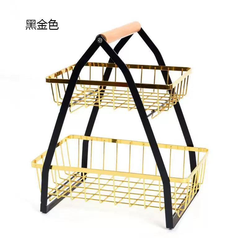 黑色水果篮金属多功能木柄手提桌面厨房收纳置物架多功能置物架