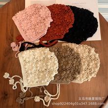 ins秋冬可爱女童宝宝针织护耳帽森女系镂空淑女帽子立体手钩花朵