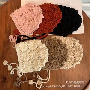 ins autumn and winter cute girl baby knitted earmuffs Mori girl hollow lady hat three-dimensional hand hook flower
