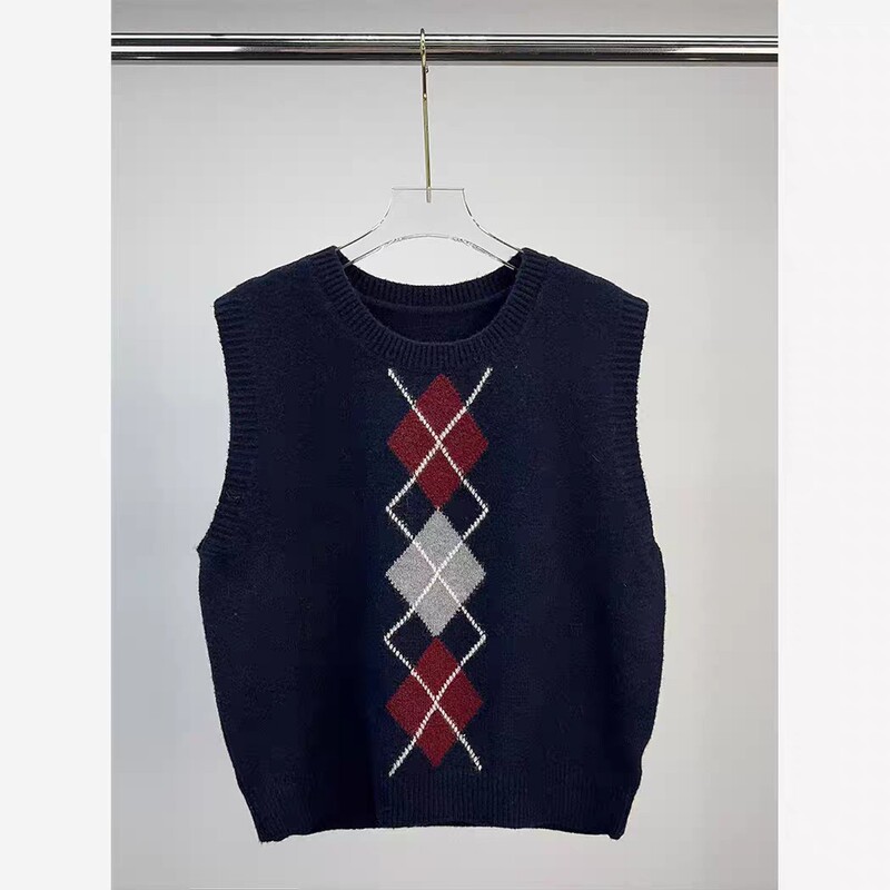 Woolen Vest Sweater Rhombus Retro Layered Knitted Vest Women's Sleeveless Waistcoat Vest