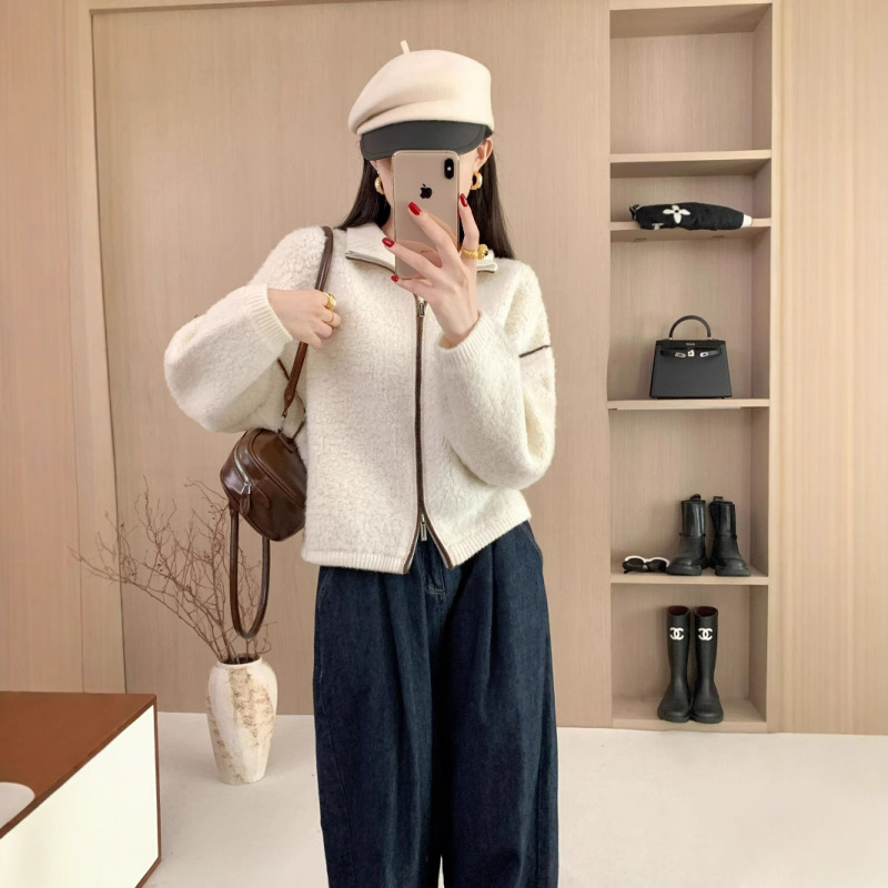 100% Sheep Wool Jacket Heavy Thickened Loose Vertical Neck Double Pull Head Sweater Women's Winter Knitted Cardigan Lamb Wool