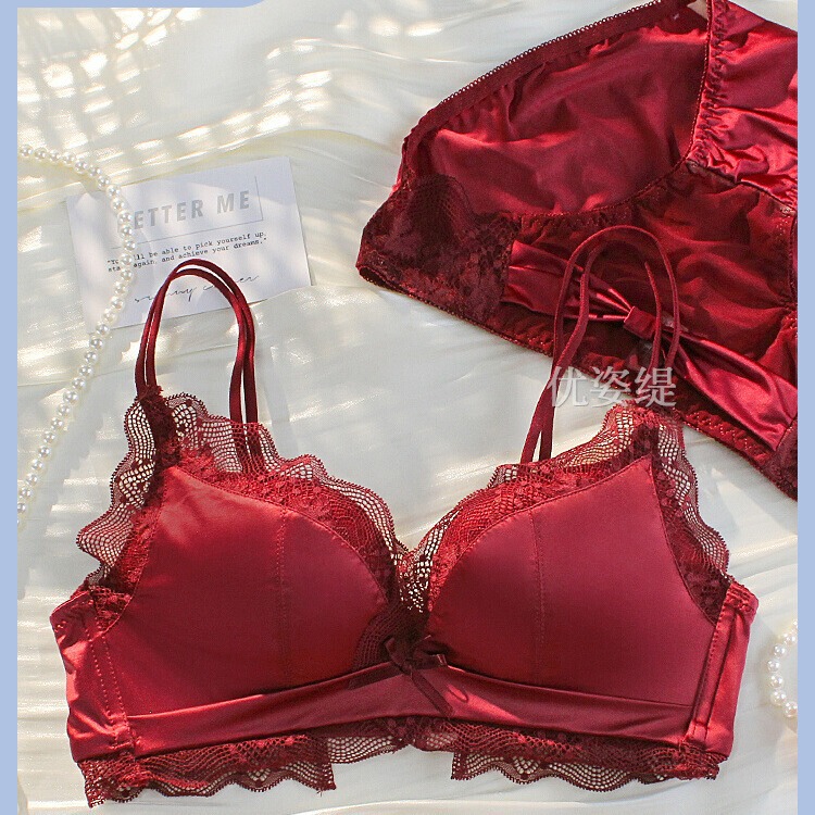 Red Benmingnian Underwear Women's Small Chest Push-up Sexy Lace Traceless Wedding Bride's Ringless Bra suit