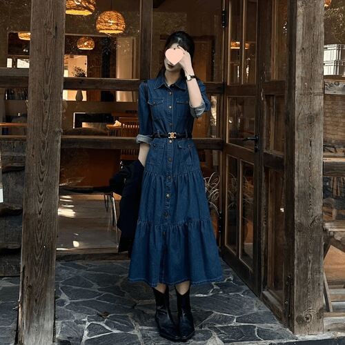 Retro temperament denim shirt dress for women with waist waist to show slimming and large swing long dress for early autumn new light luxury high-end women's wear