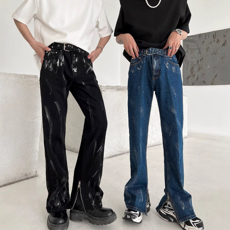Men's Jeans with Zipper Slits, Unique Design, European and American Vibe, High Street Style, Flared Pants, Straight-Leg Pants