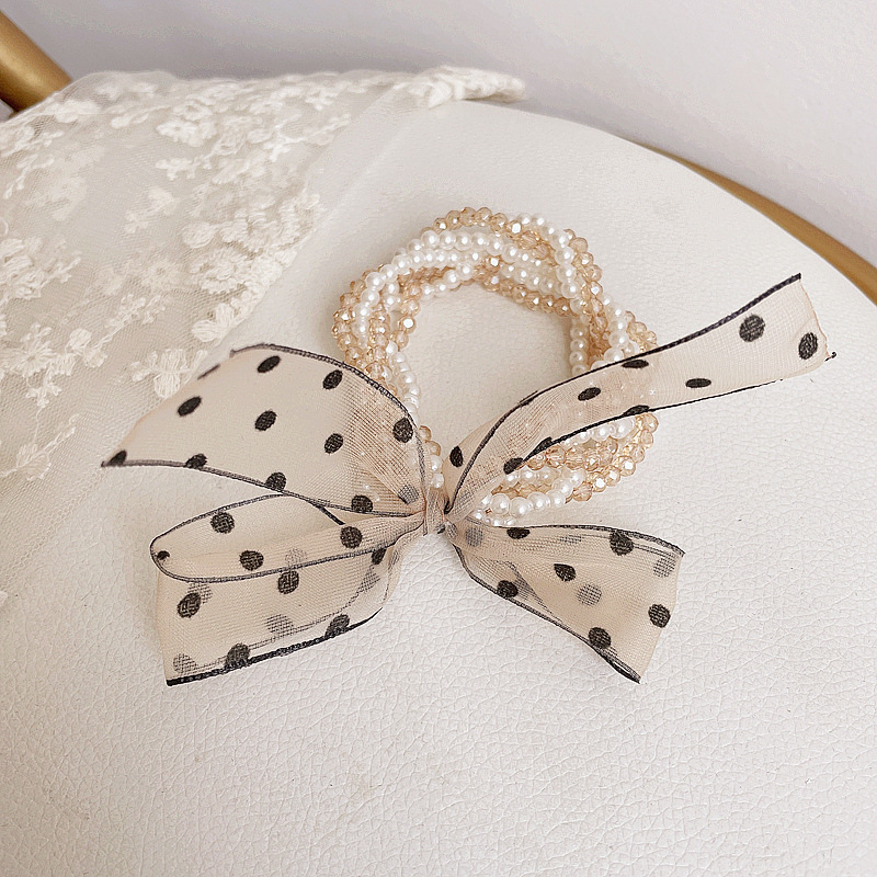 Korean Multi-layer Bead Chain Polka Dot Bow Hair Scrunchies display picture 3