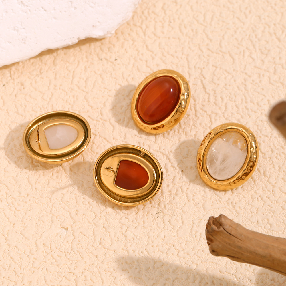 Natural Stone Oval Stainless Steel Earrings