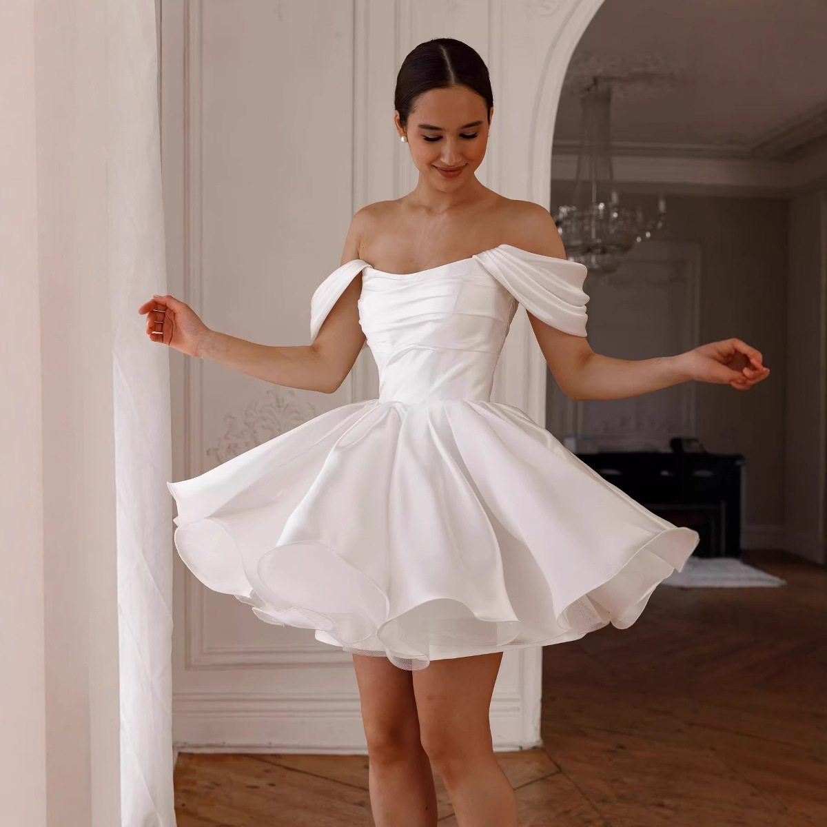 French White One-Shoulder Light Wedding Dress, Wedding Banquet Registration, Certificate of Registration, Going Out Veil, Birthday Party Short Evening Dress