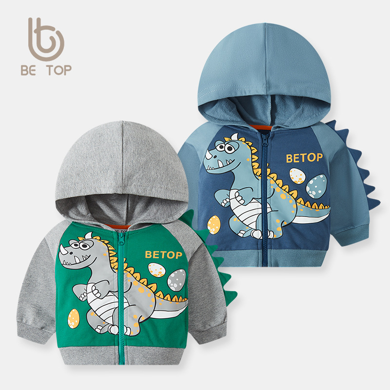 Estilo coreano niños dinosaurio impreso con capucha cremallera camisa suéter de los niños abrigo de primavera de los niños nueva entrega de una sola pieza