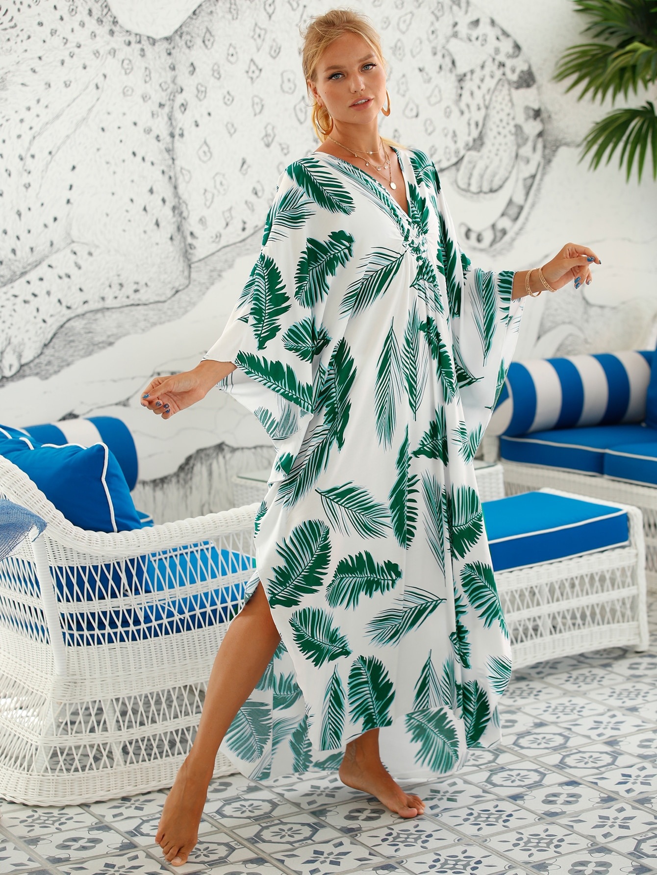224g Weight Sunscreen Shirt Outerwear Type 3/4 Length Sleeve Sleeve Length Polyester Fabric Type Long Top Length V Neck Neckline Printing, Leopard Pattern Spring&Summer Season Women's Gender Vacation, Beach Style Women's Printing Leopard Vacation Beach Cover Ups 13