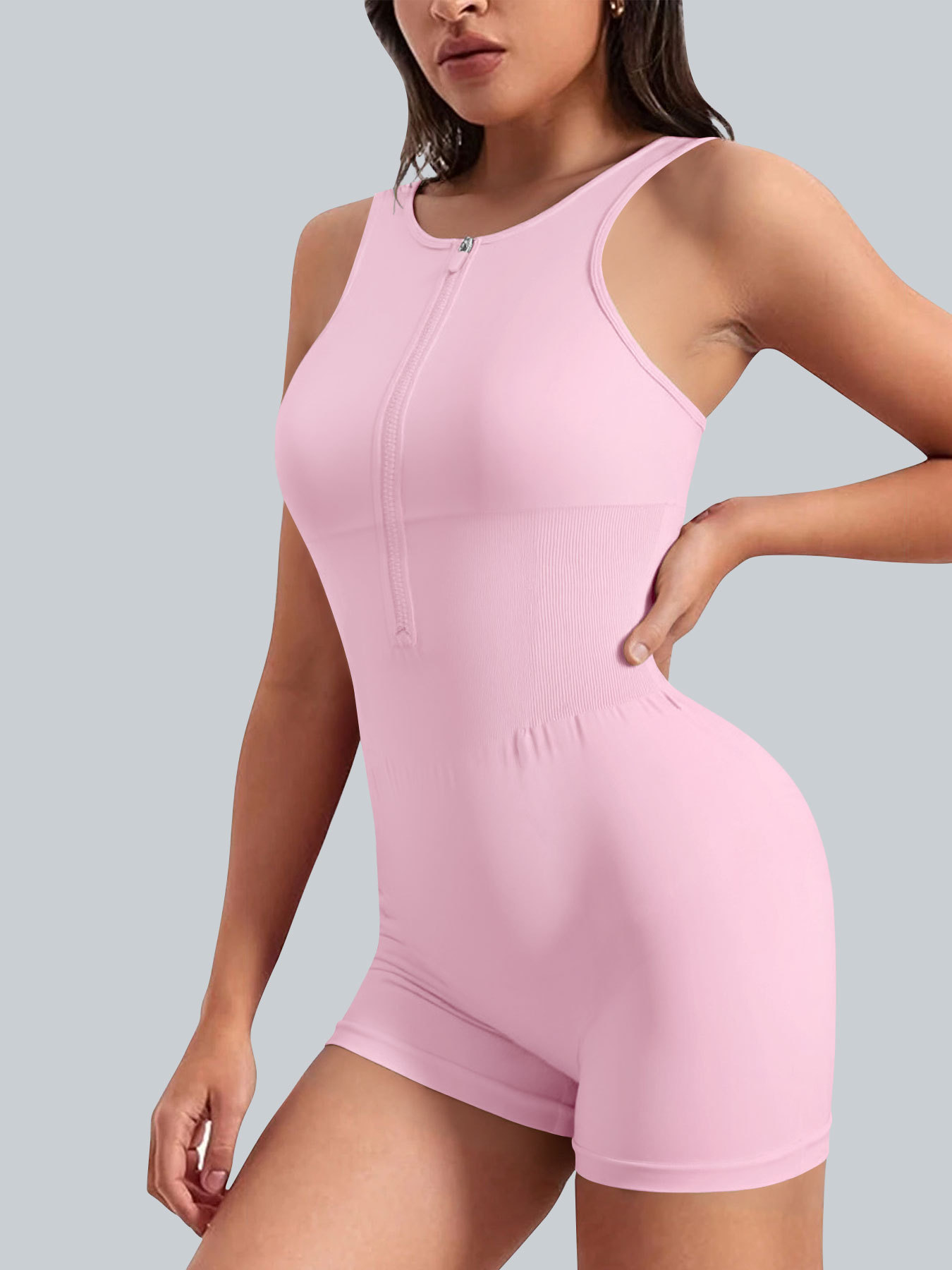 Mono corto con cremallera estilo europeo y americano, para danza, fitness, deportes, body ajustado, sexy, para yoga, con almohadillas en el pecho.