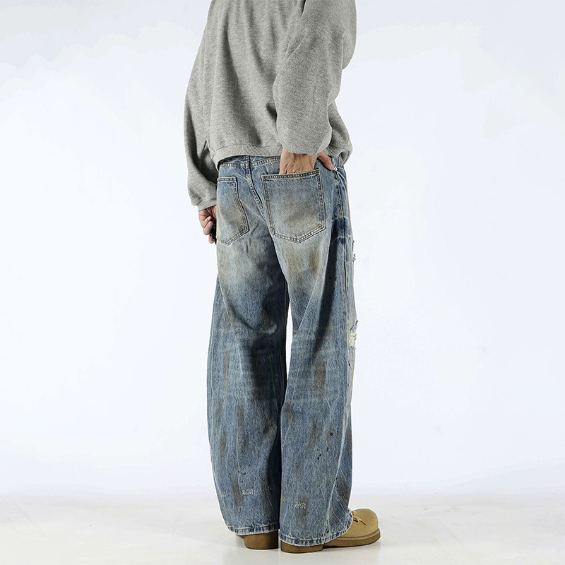 Retro americano cleanfit sickle jeans tendencia suelta recto agujero vibe cimeta pantalones sucios